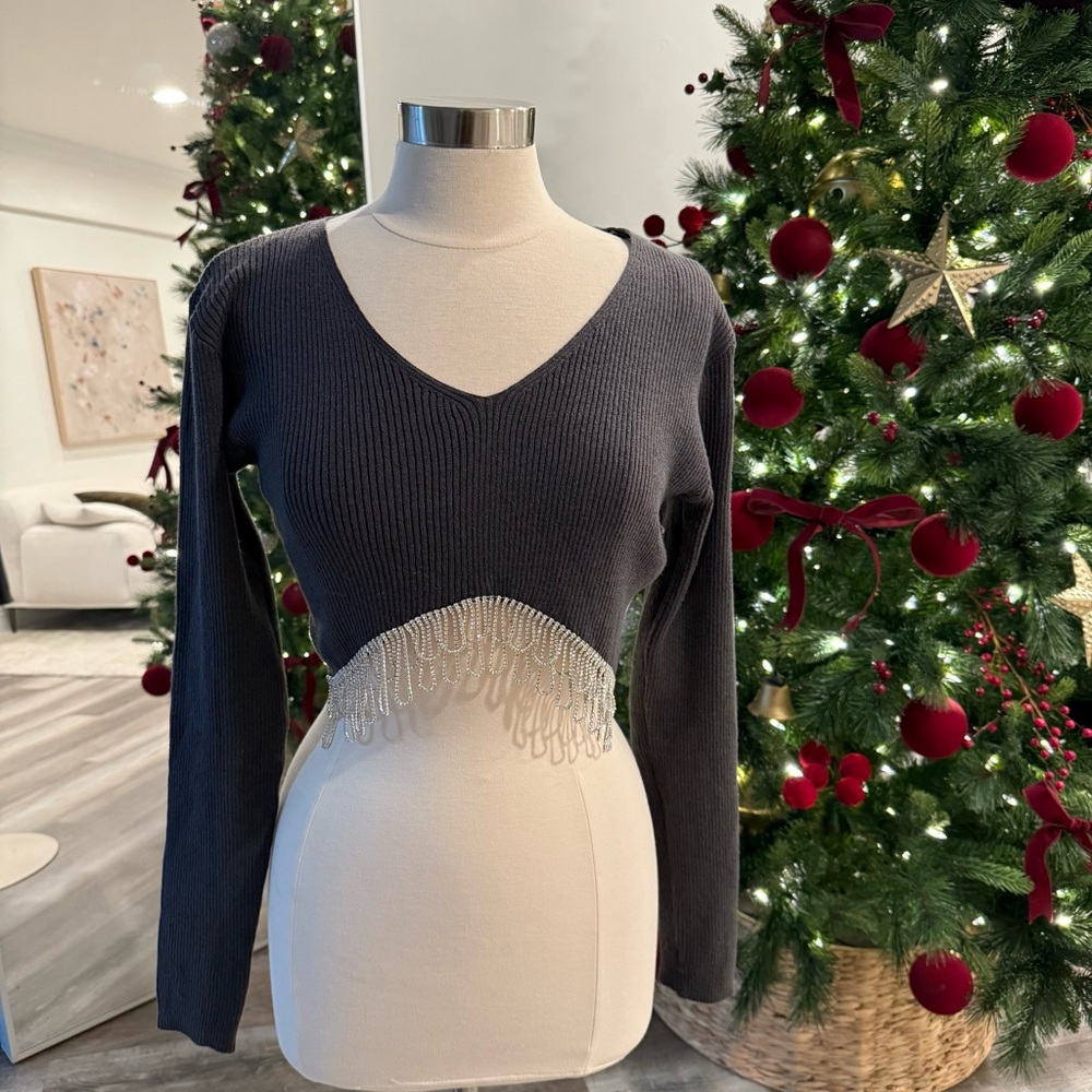 Zara Gray Crop Top with Pearl Fringe